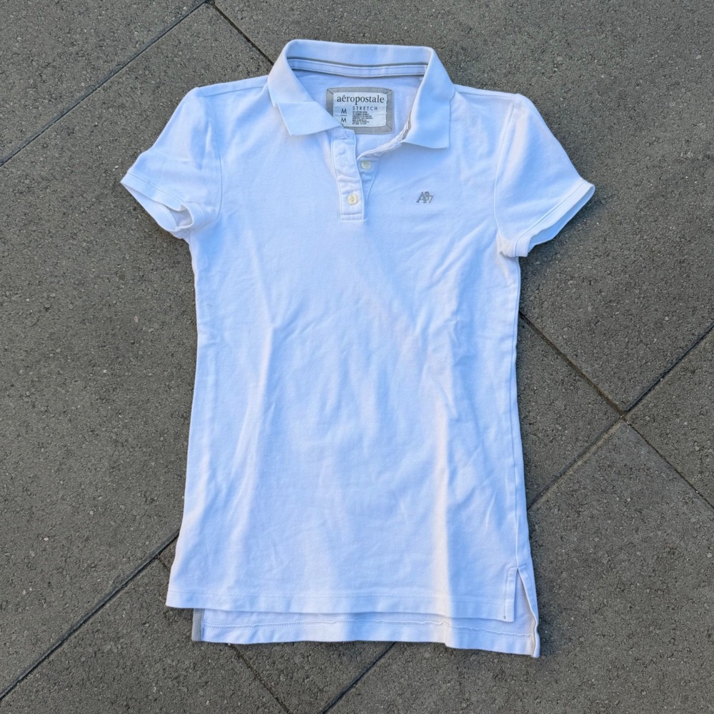 Aeropostale Womens White Short Sleeve Stretch Pique Polo Shirt A87 Logo Size M